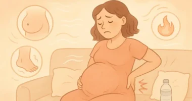 A pregnant woman sitting on a couch with a pained expression, holding her lower back. Icons around her represent common pregnancy discomforts like swollen feet, sore breasts, and heartburn. A water bottle is nearby for relief.