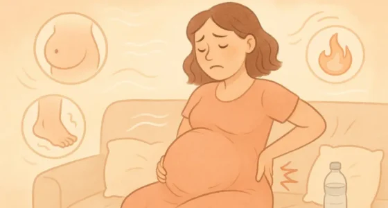 A pregnant woman sitting on a couch with a pained expression, holding her lower back. Icons around her represent common pregnancy discomforts like swollen feet, sore breasts, and heartburn. A water bottle is nearby for relief.