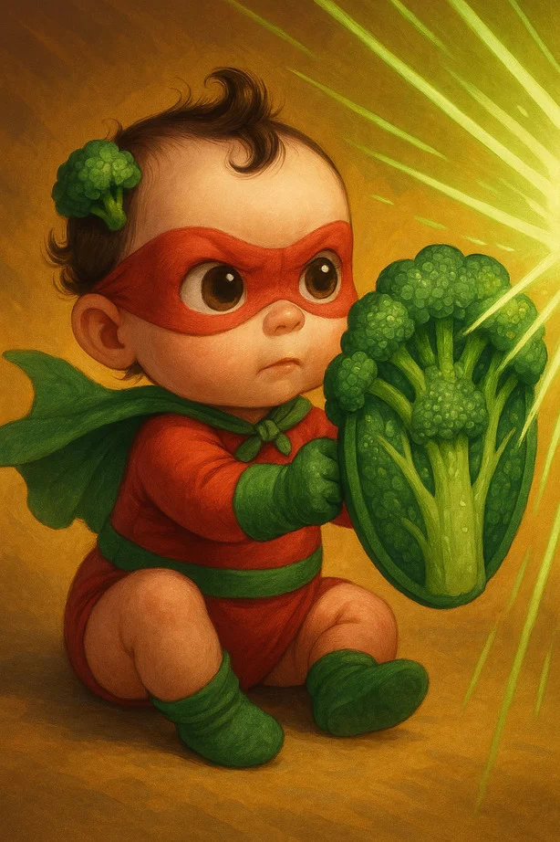 Broccoli and Pregnancy: How This Green Superfood Supports Baby’s Growth A baby dressed as a superhero, wearing a red mask and green cape, holding a broccoli stalk like a shield, with a determined expression. The background is a warm yellow-orange gradient.