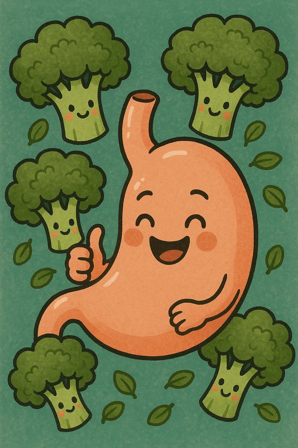 Broccoli and Pregnancy: How This Green Superfood Supports Baby’s Growth A cartoon illustration of a happy, smiling stomach giving a thumbs-up while surrounded by cheerful broccoli characters.