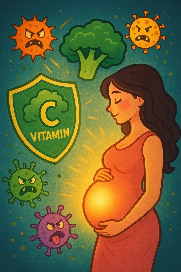Broccoli and Pregnancy: How This Green Superfood Supports Baby’s Growth A pregnant woman is standing confidently with a glowing belly, while a shield labeled "Vitamin C" protects her from angry virus characters. Broccoli is also shown nearby.