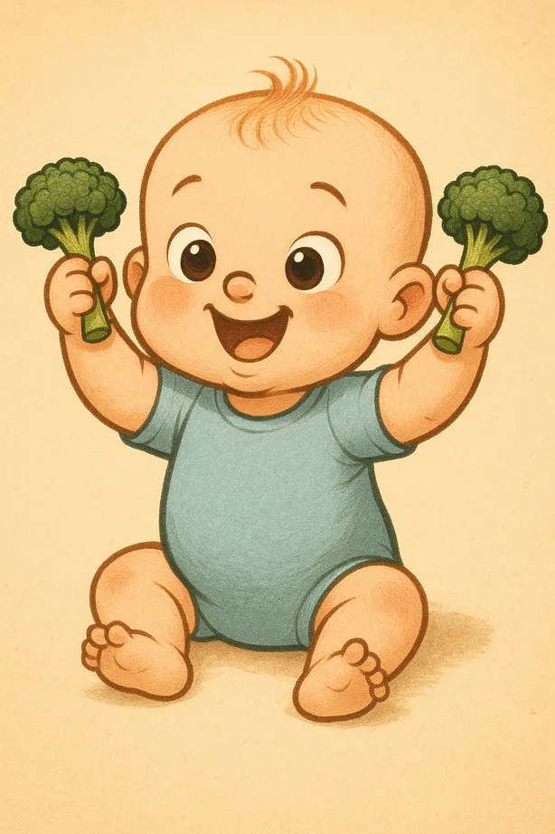 Broccoli and Pregnancy: How This Green Superfood Supports Baby’s Growth A cheerful baby in a blue onesie is sitting and holding a piece of broccoli in each hand, as if they are lifting