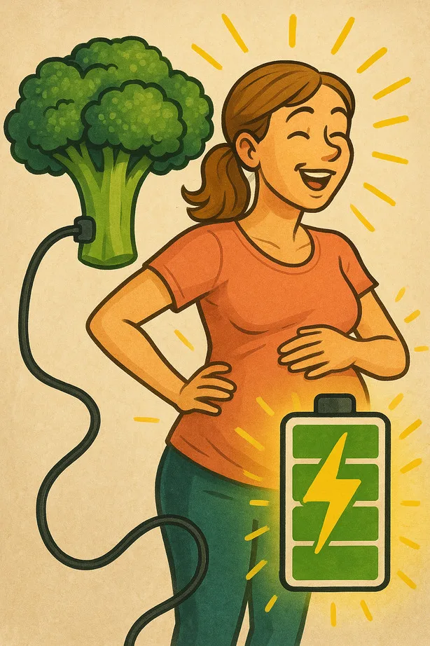 Broccoli and Pregnancy: How This Green Superfood Supports Baby’s Growth Illustration of a smiling woman with a glowing stomach. A cord connects a piece of broccoli to a battery icon near her stomach, symbolizing energy and vitality from healthy eating.
