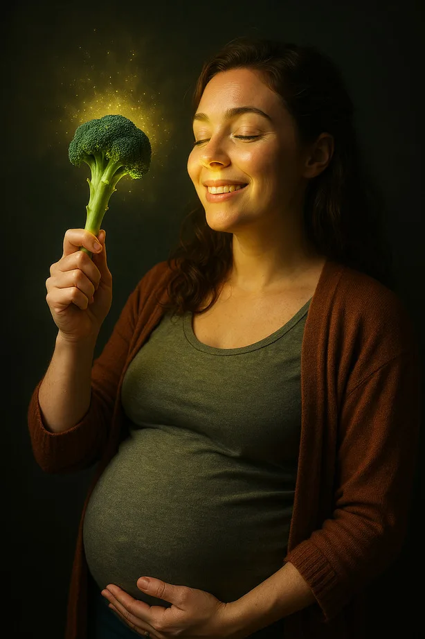 Broccoli and Pregnancy: How This Green Superfood Supports Baby’s Growth A pregnant woman holding a piece of broccoli that emits a glowing, magical light. She is smiling peacefully with her eyes closed, wearing a green shirt and a brown cardigan.