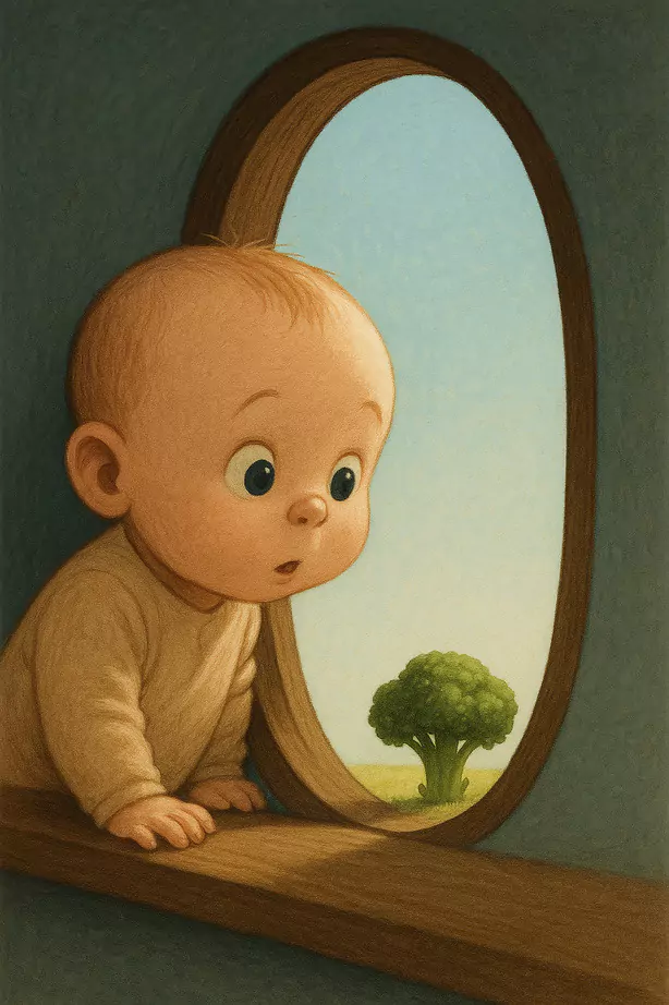 Broccoli and Pregnancy: How This Green Superfood Supports Baby’s Growth A baby looking curiously out of a rounded window at a small broccoli standing in a grassy field.