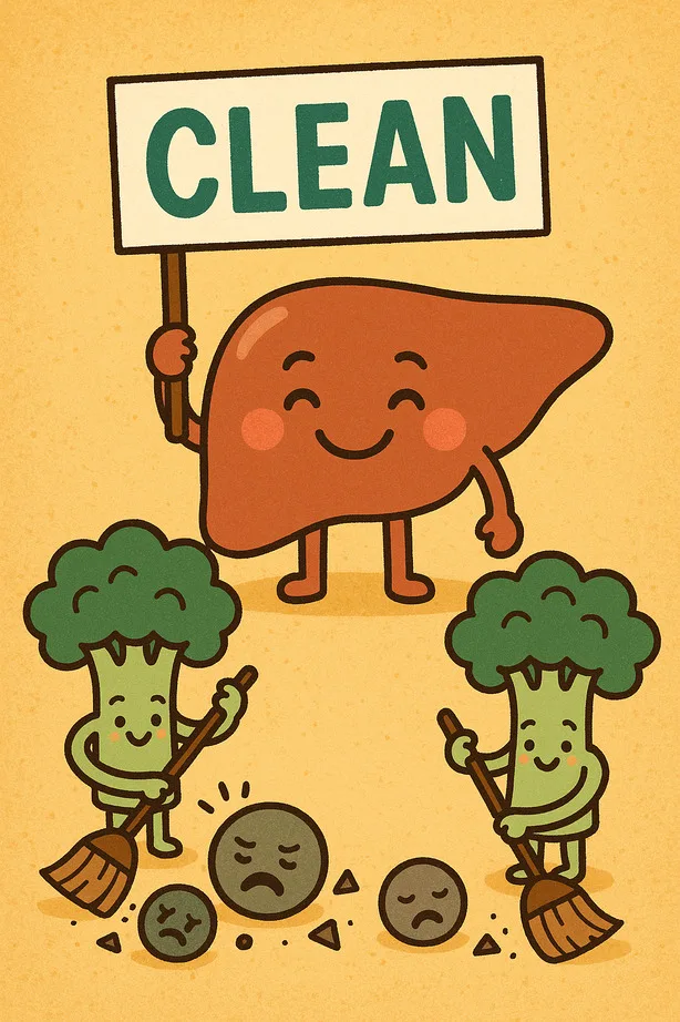 Broccoli and Pregnancy: How This Green Superfood Supports Baby’s Growth A happy cartoon liver holding a sign that says "CLEAN" while two broccoli characters sweep away sad, dirty particles with brooms.