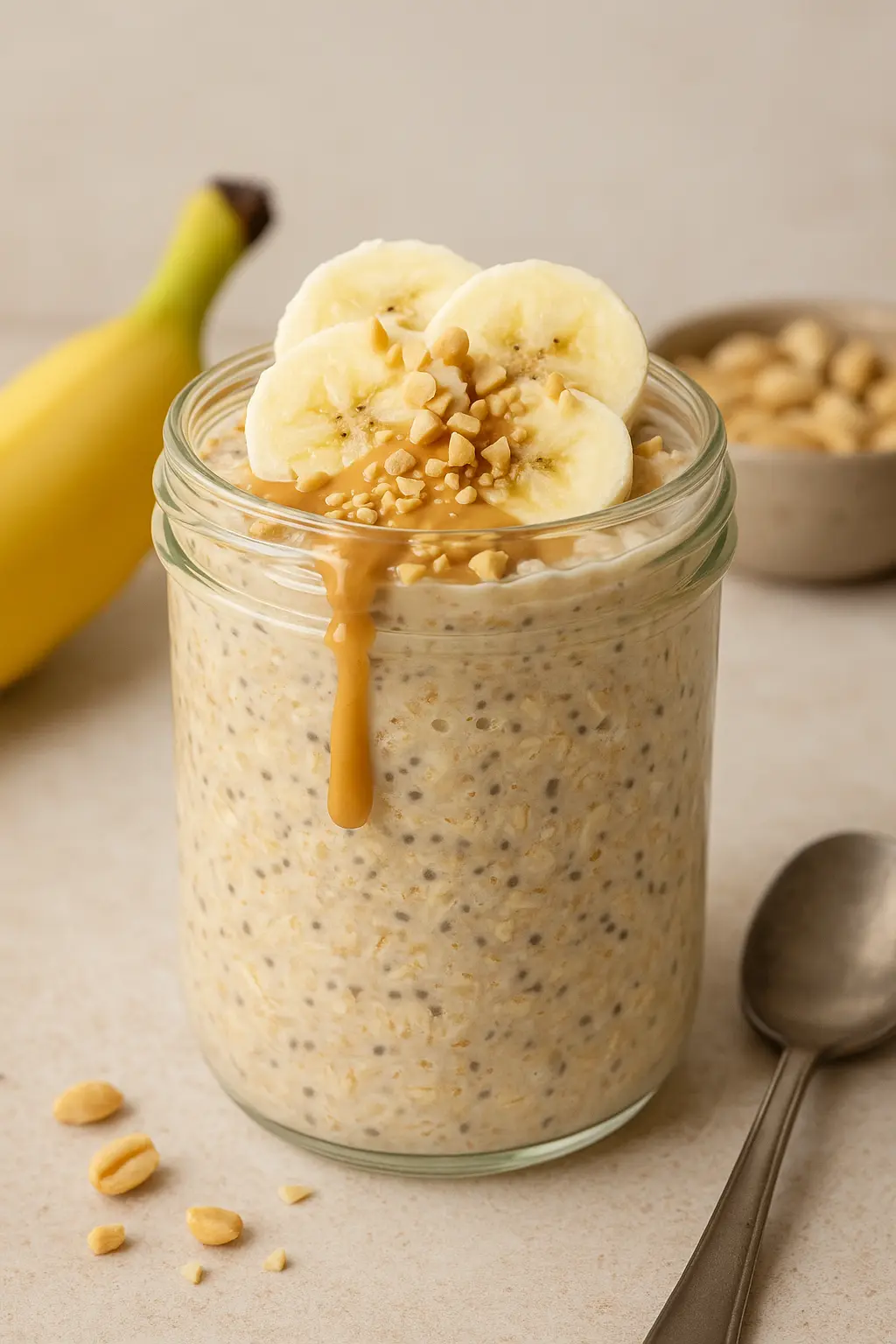 4 Easy and Healthy Overnight Oats Recipes Peanut butter and banana overnight oats, topped with banana slices and crushed peanuts in a mason jar.
