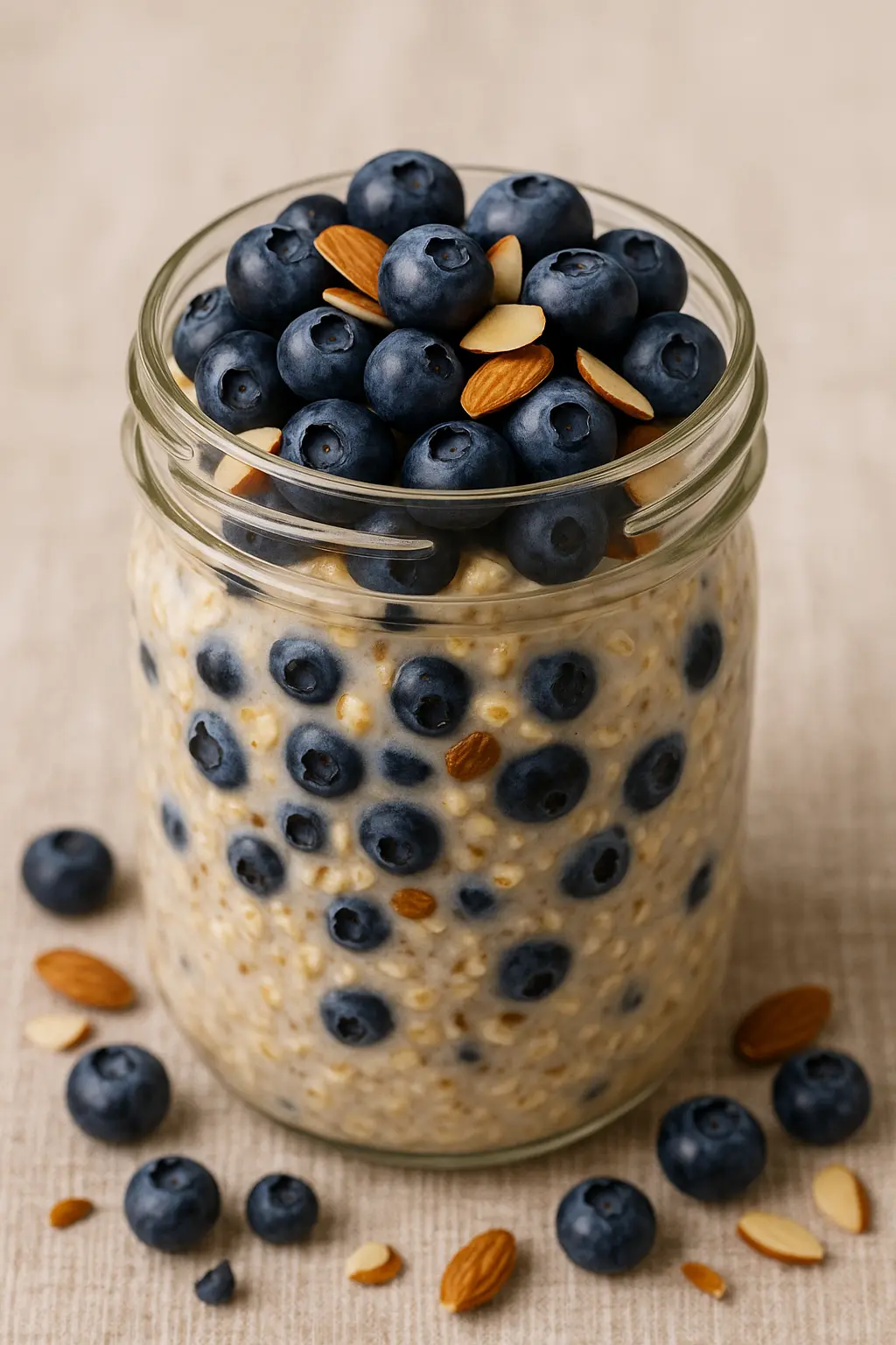 4 Easy and Healthy Overnight Oats Recipes Blueberry almond overnight oats with almond slivers and blueberries in a mason jar.