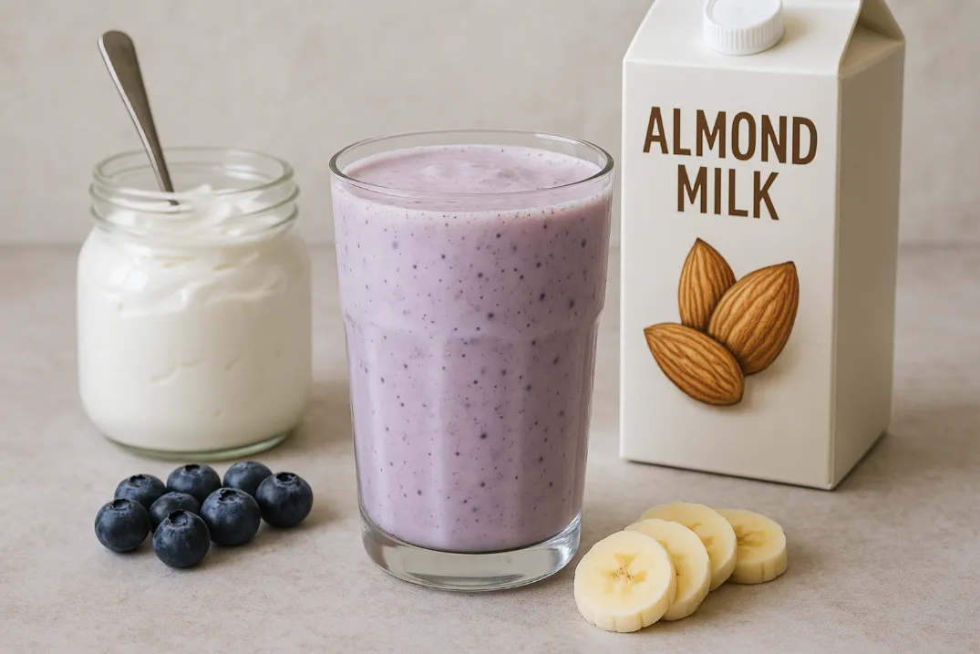 Best Smoothie Ideas for Pregnant Moms: Natural Ways to Boost Energy & Reduce Nausea A glass of blueberry banana smoothie surrounded by almond milk carton, fresh blueberries, banana slices, and a jar of yogurt on a light countertop. It is the Best Smoothie Ideas for Pregnant Moms.