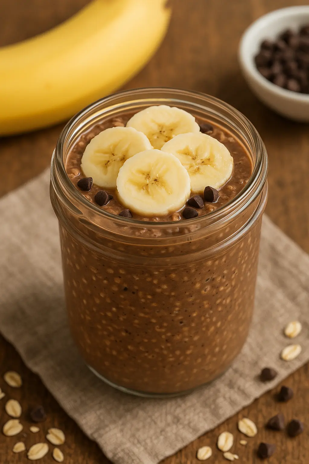 4 Easy and Healthy Overnight Oats Recipes Chocolate overnight oats with banana slices and chocolate chips, garnished in a mason jar.