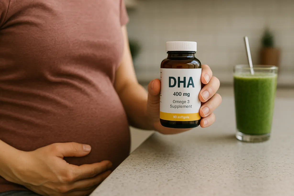 Pregnancy Supplements: What You Need to Know & What to Avoid Pregnant woman holding a bottle of DHA Omega-3 supplement with a green smoothie beside her.