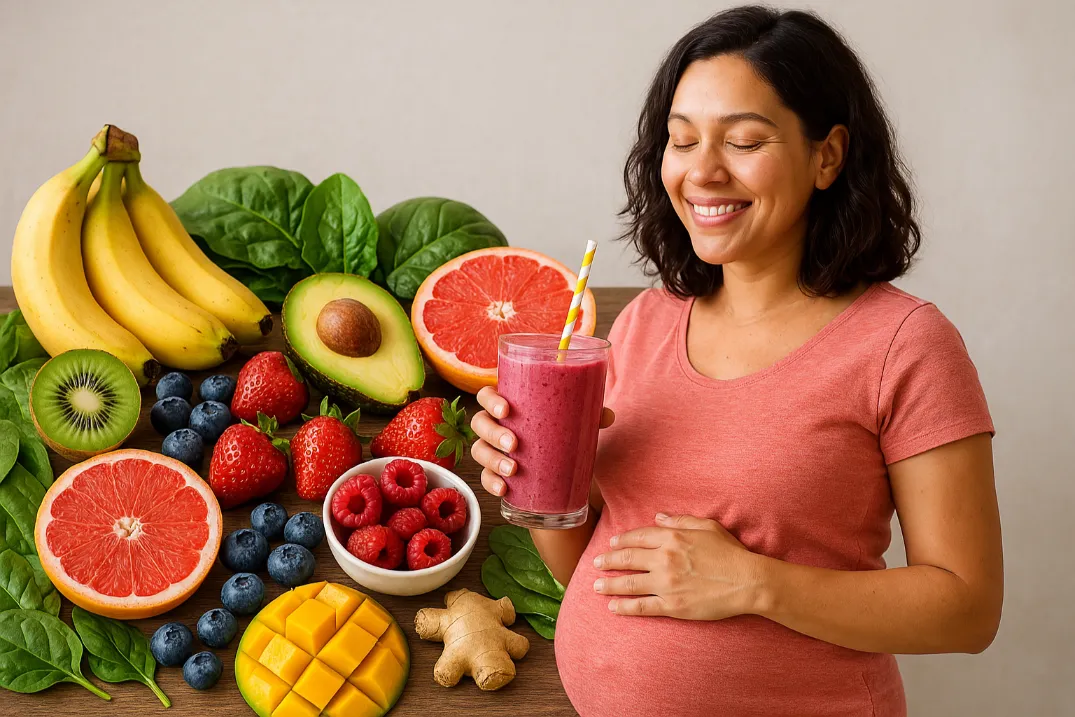 Best Smoothie Ideas for Pregnant Moms: Natural Ways to Boost Energy & Reduce Nausea A pregnant woman holding a glass of berry smoothie surrounded by a variety of fresh fruits and vegetables, including bananas, avocado, grapefruit, kiwi, strawberries, raspberries, blueberries, mango, ginger, and spinach.