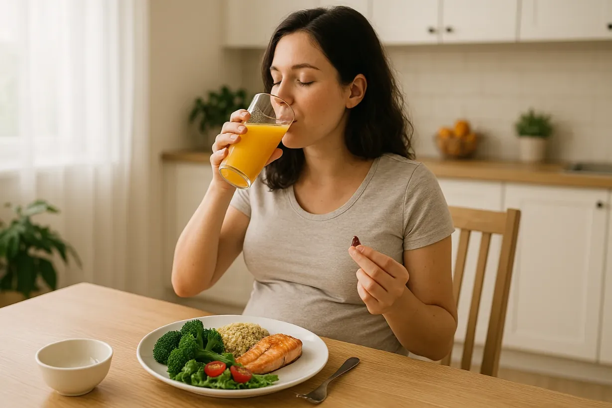 Pregnancy Supplements: What You Need to Know & What to Avoid Pregnant woman sipping orange juice while holding a supplement in her other hand, with a nutritious meal in front of her.
