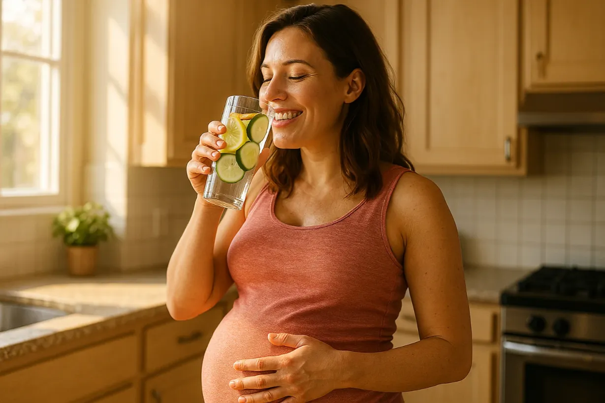 Pregnancy Supplements: What You Need to Know & What to Avoid Pregnant woman smiling as she drinks cucumber-infused water in the kitchen.