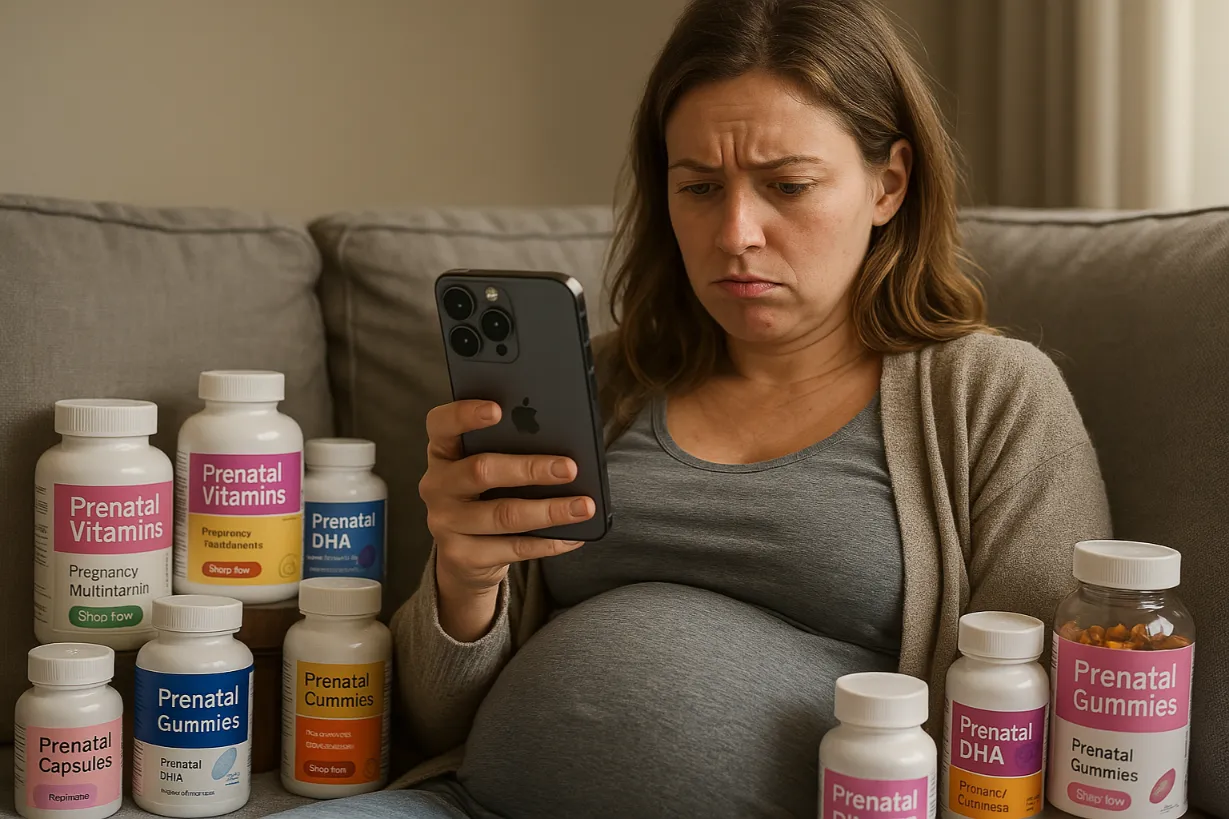 Pregnancy Supplements: What You Need to Know & What to Avoid Pregnant woman looks overwhelmed by the large number of different prenatal supplements around her.