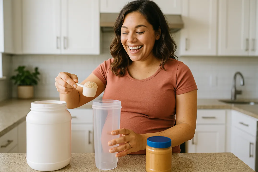 Best Smoothie Ideas for Pregnant Moms: Natural Ways to Boost Energy & Reduce Nausea A pregnant woman in a peach-colored shirt prepares a smoothie in a modern kitchen, holding a scoop of powder over a large transparent container. A white jar and a peanut butter jar are placed on the countertop.