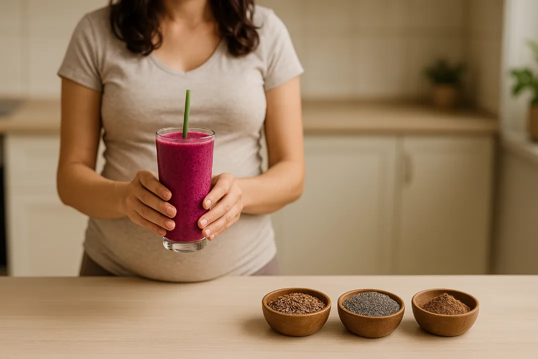Best Smoothie Ideas for Pregnant Moms: Natural Ways to Boost Energy & Reduce Nausea A pregnant woman holding a glass of vibrant purple smoothie with a green straw, placed on a wooden countertop alongside three small bowls containing flaxseeds, chia seeds, and ground powder.