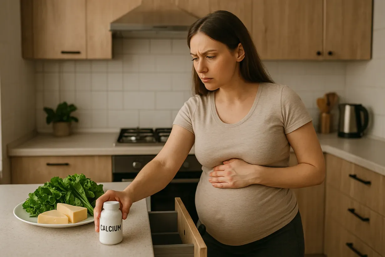 Pregnancy Supplements: What You Need to Know & What to Avoid Pregnant woman in the kitchen looking uncertain while holding a bottle of calcium supplement next to a plate of cheese and spinach.