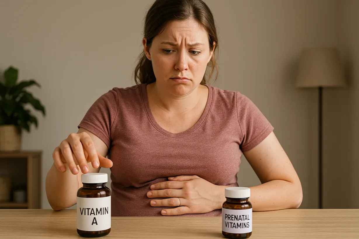 Pregnancy Supplements: What You Need to Know & What to Avoid Pregnant woman looks confused while holding a bottle of Vitamin A and prenatal vitamins.