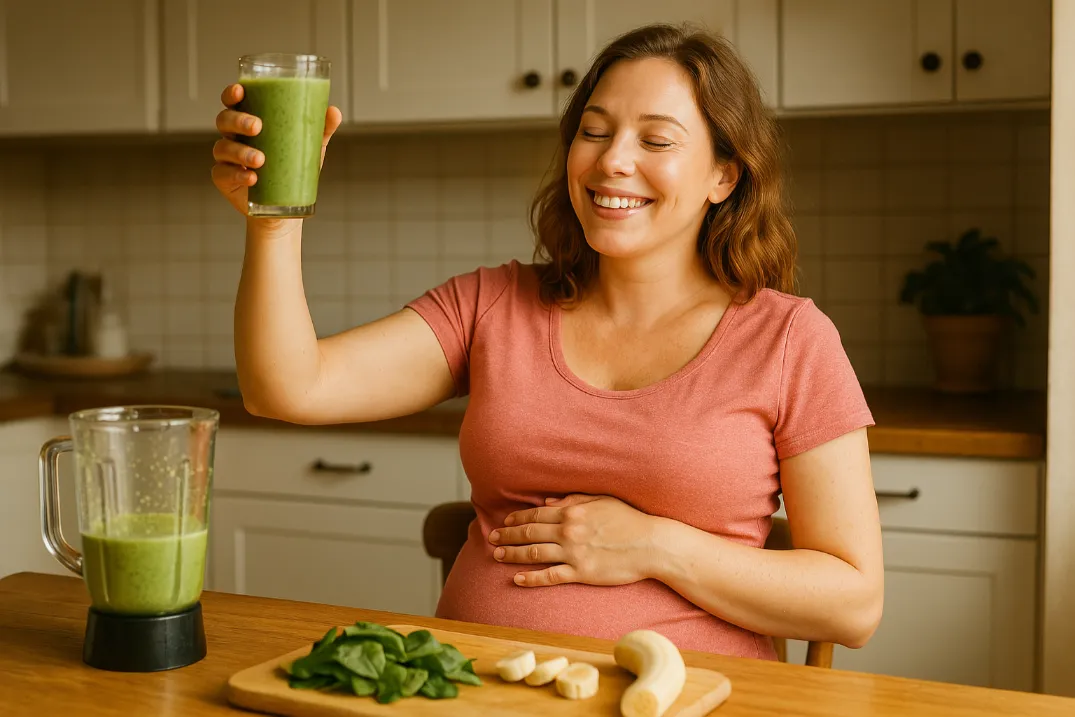 Best Smoothie Ideas for Pregnant Moms: Natural Ways to Boost Energy & Reduce Nausea A pregnant woman wearing a pink shirt sits in a kitchen holding up a glass of green smoothie. A blender with the same smoothie and ingredients like spinach and banana are placed on the table.