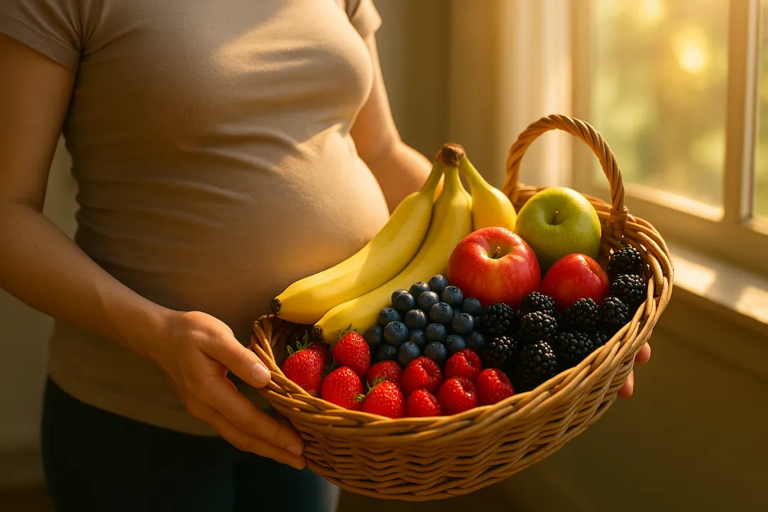 Best Smoothie Ideas for Pregnant Moms: Natural Ways to Boost Energy & Reduce Nausea A pregnant woman holding a wicker basket filled with fresh fruits, including bananas, apples, strawberries, blueberries, raspberries, and blackberries, with sunlight streaming through a nearby window.