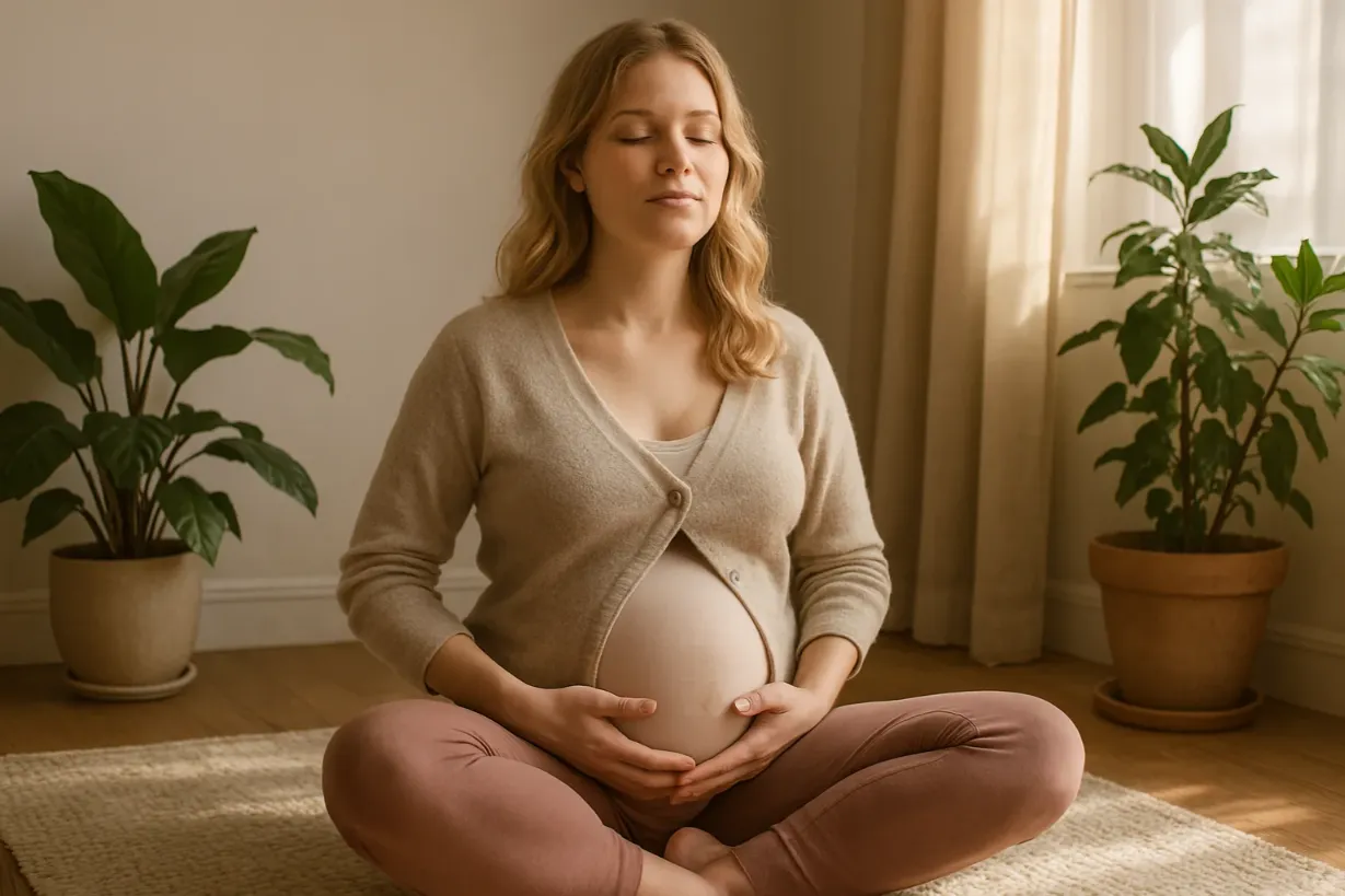 Mindfulness During Pregnancy: Simple Ways to Stay Calm Pregnant woman meditating and holding her belly in a calming environment.