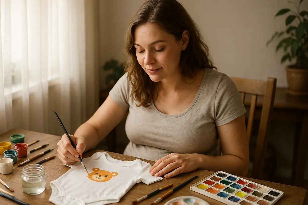 Mindfulness During Pregnancy: Simple Ways to Stay Calm Pregnant woman painting a baby onesie with a bear design.
