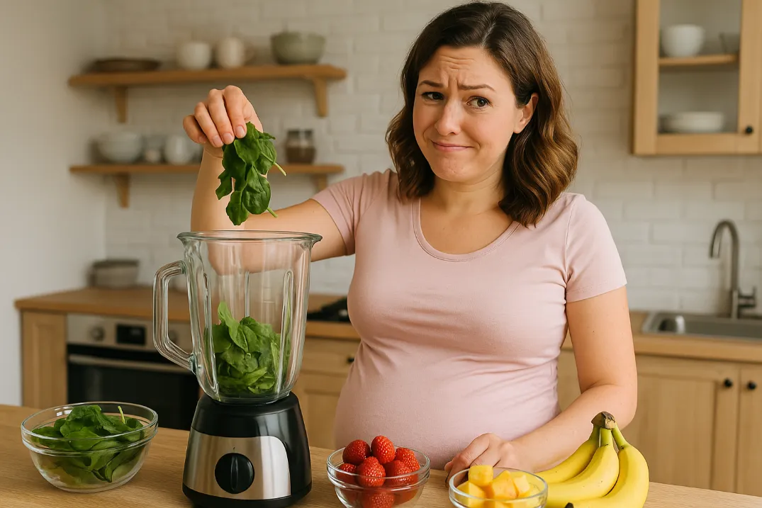 Best Smoothie Ideas for Pregnant Moms: Natural Ways to Boost Energy & Reduce Nausea A pregnant woman preparing a healthy smoothie by adding fresh spinach leaves into a blender, surrounded by bowls of strawberries, diced mango, and bananas in a modern kitchen.