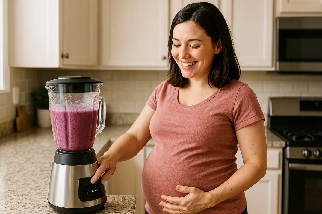 Best Smoothie Ideas for Pregnant Moms: Natural Ways to Boost Energy & Reduce Nausea A pregnant woman in a pink shirt using a blender to make a purple smoothie in a modern kitchen.
