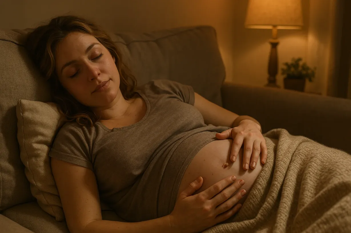 Mindfulness During Pregnancy: Simple Ways to Stay Calm Pregnant woman resting on a couch, holding her belly under a blanket.