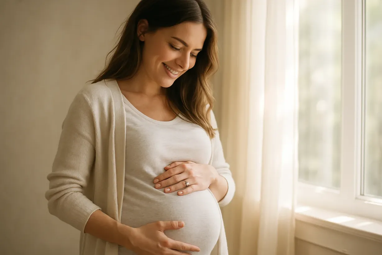 Mindfulness During Pregnancy: Simple Ways to Stay Calm Pregnant woman smiling as she holds her belly next to a window with soft sunlight.