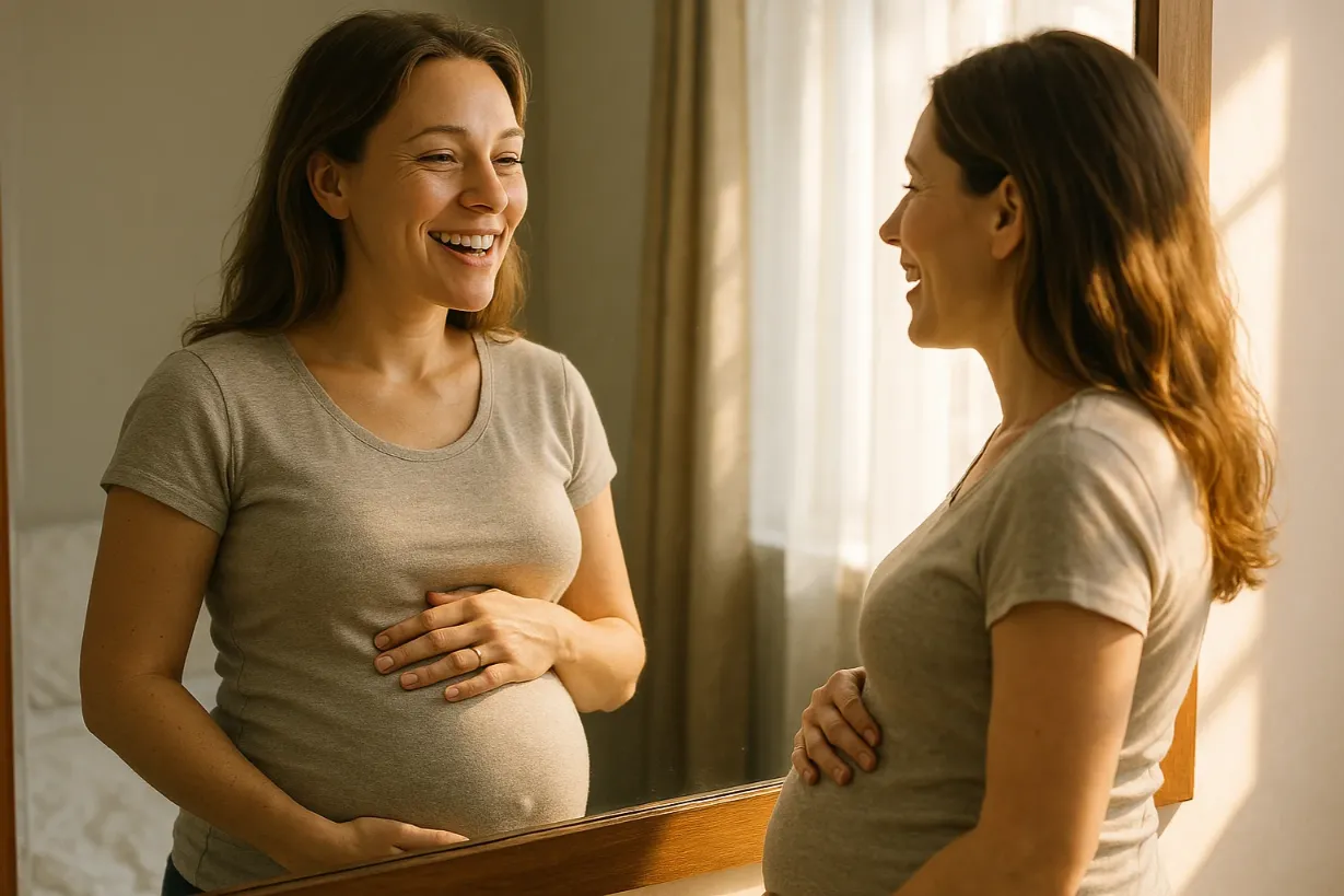 Mindfulness During Pregnancy: Simple Ways to Stay Calm Pregnant woman smiling at her reflection in the mirror.