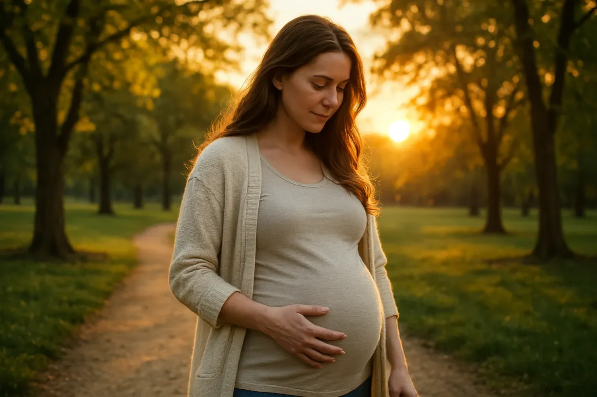 Mindfulness During Pregnancy: Simple Ways to Stay Calm Pregnant woman walking in the park during sunset, holding her belly.