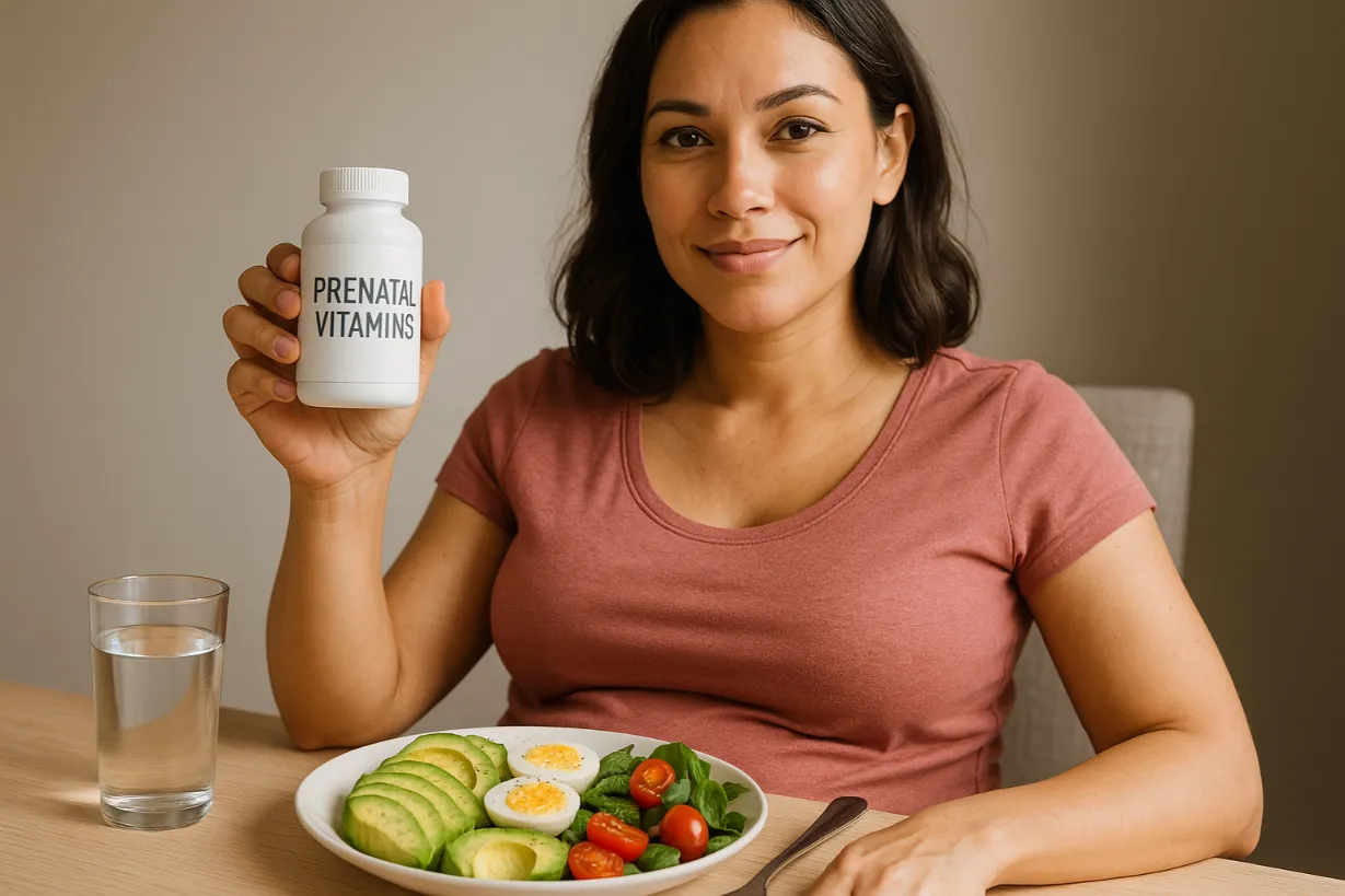 Pregnancy Supplements: What You Need to Know & What to Avoid regnant woman holding a bottle of prenatal vitamins in one hand while showing a healthy plate of avocado, eggs, and salad.