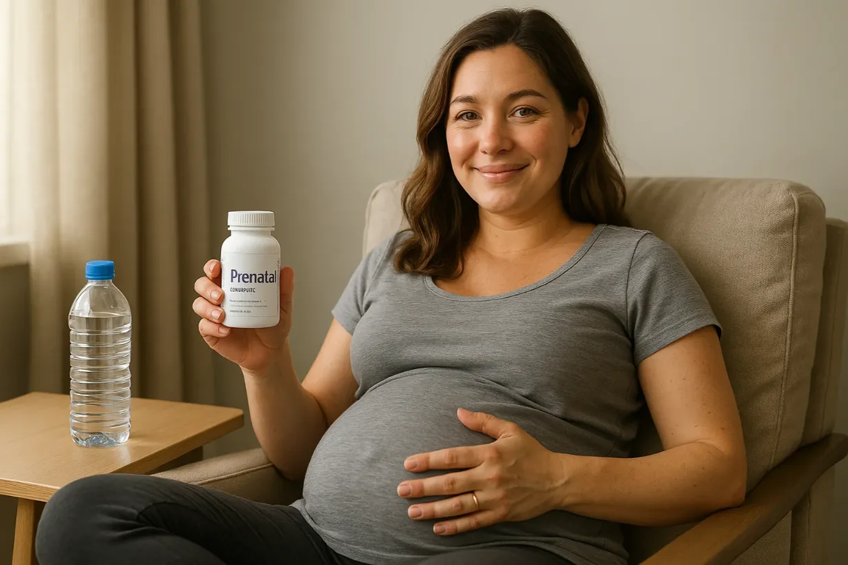 Pregnancy Supplements: What You Need to Know & What to Avoid Pregnant woman happily holding a bottle of prenatal vitamins while sitting in a cozy chair with a water bottle beside her.