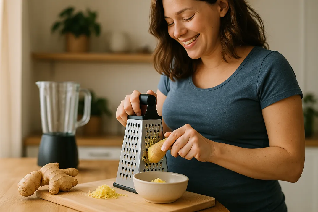 Best Smoothie Ideas for Pregnant Moms: Natural Ways to Boost Energy & Reduce Nausea A pregnant woman grating fresh ginger into a bowl on a kitchen counter, with a blender and ginger root nearby.