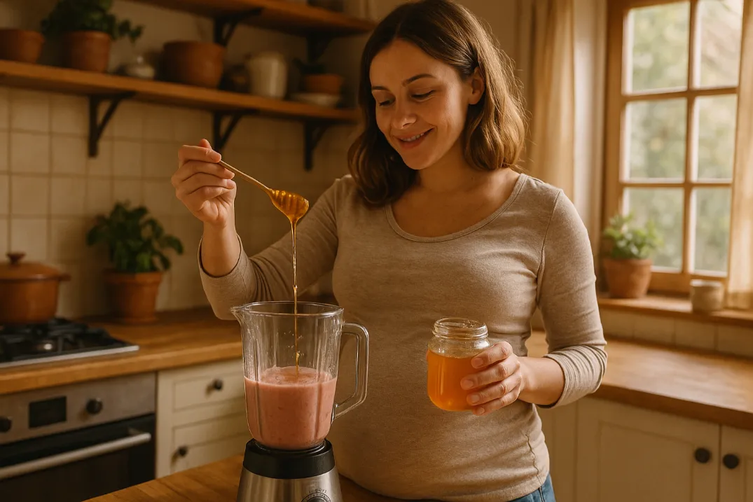 Best Smoothie Ideas for Pregnant Moms: Natural Ways to Boost Energy & Reduce Nausea A woman in a beige shirt preparing a smoothie in a blender while pouring honey from a jar into the mixture in a cozy kitchen setting.