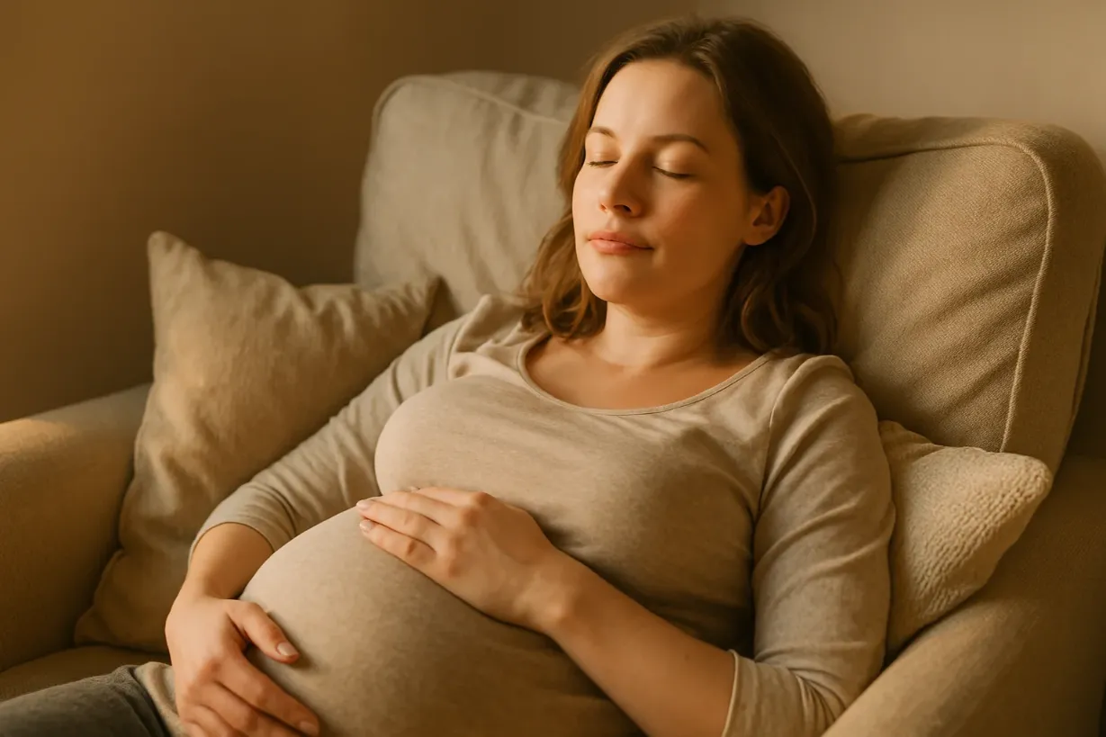 Mindfulness During Pregnancy: Simple Ways to Stay Calm Pregnant woman resting comfortably on a couch, with her hand gently resting on her belly.