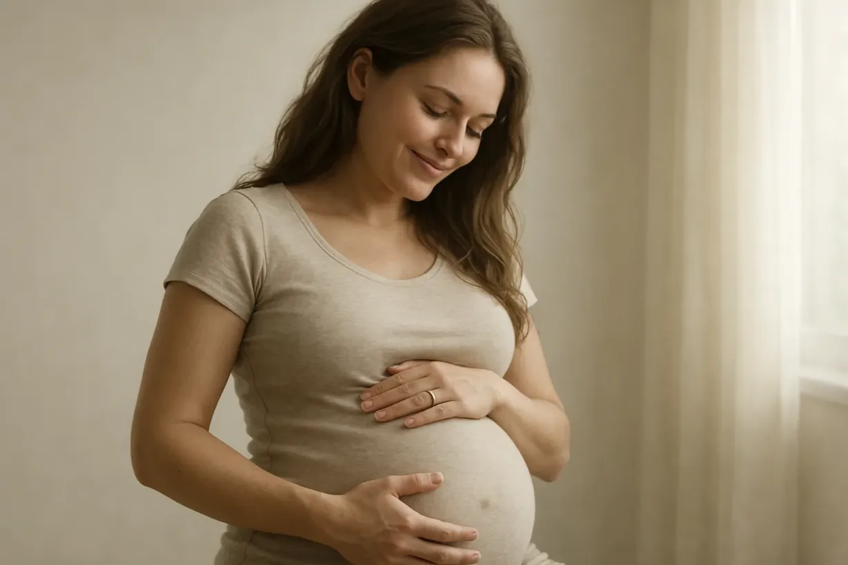 Mindfulness During Pregnancy: Simple Ways to Stay Calm Pregnant woman smiling and holding her belly with both hands.