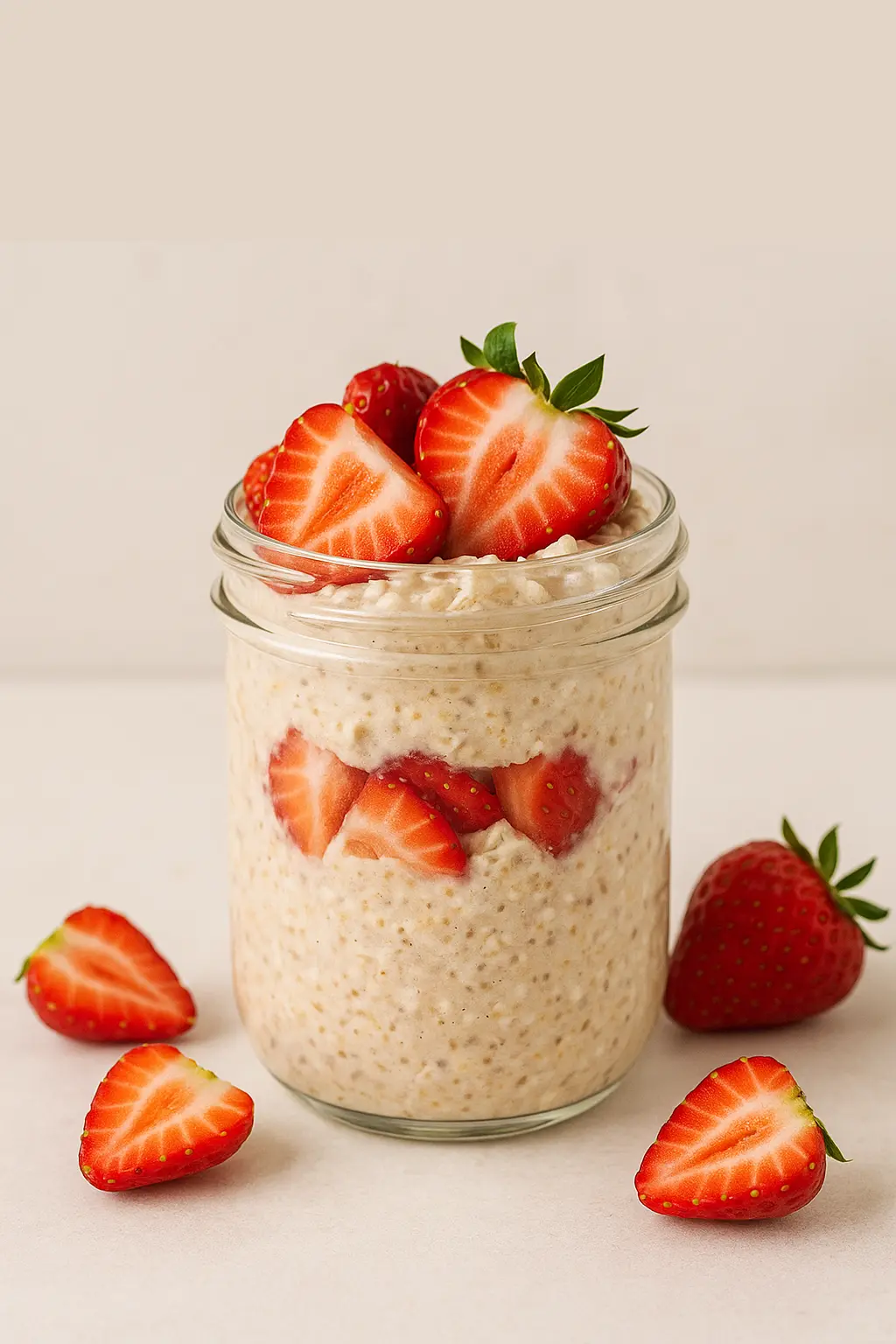 4 Easy and Healthy Overnight Oats Recipes Strawberries and cream overnight oats topped with fresh strawberries, placed in a mason jar.