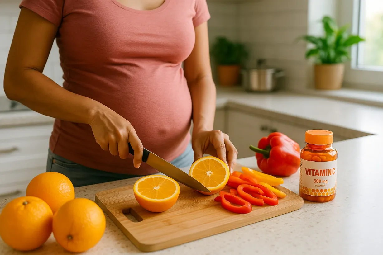 Pregnancy Supplements: What You Need to Know & What to Avoid Pregnant woman cutting an orange while Vitamin C supplements and bell peppers are on the counter.