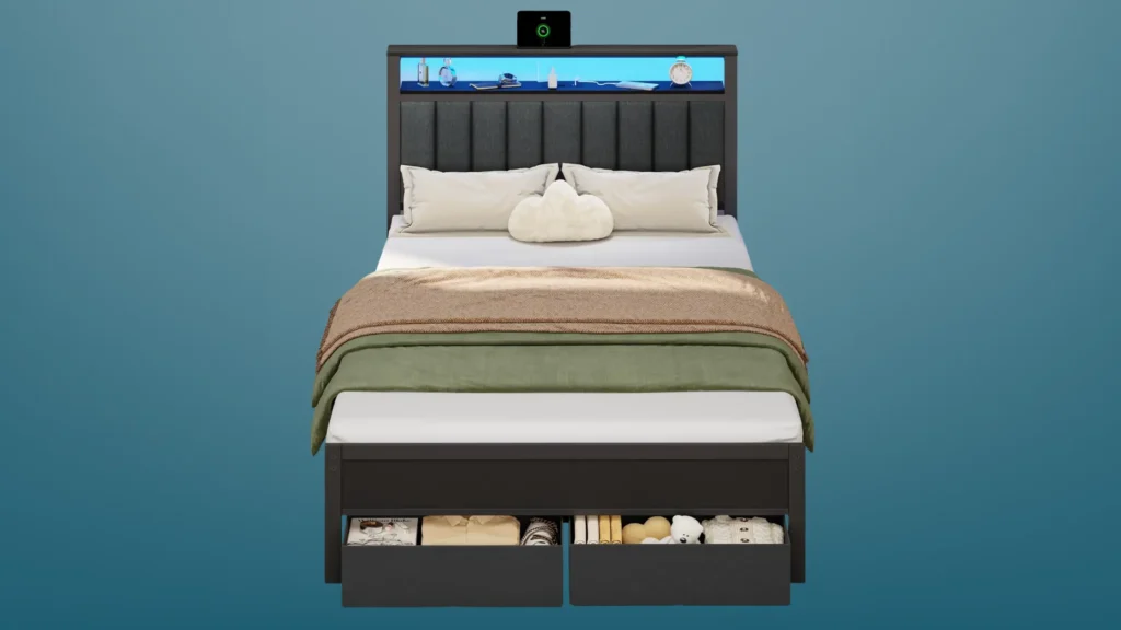 Kids Beds with Under-Bed Drawers: Furnulem Full Size Bed with Charging Station and LED Lights