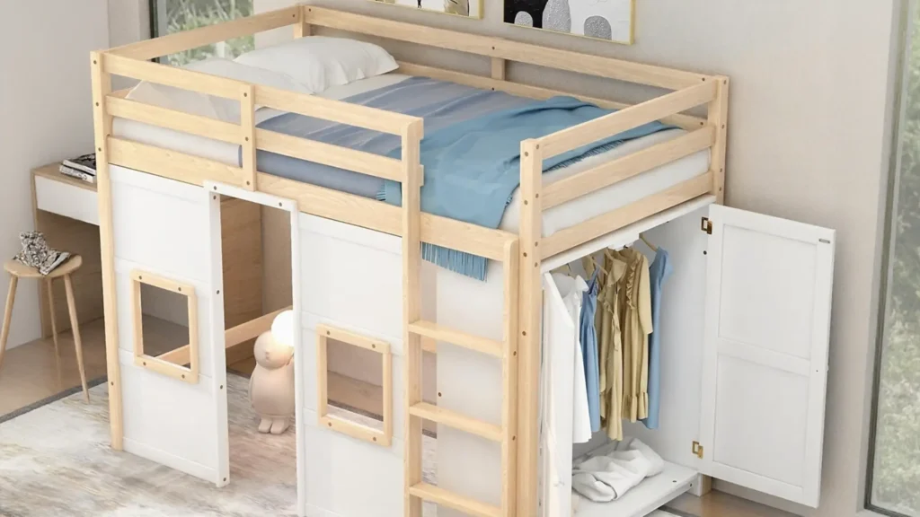 Kids Loft Beds with Storage: Merax Wood Loft Bed Twin Size with Storage Wardrobe